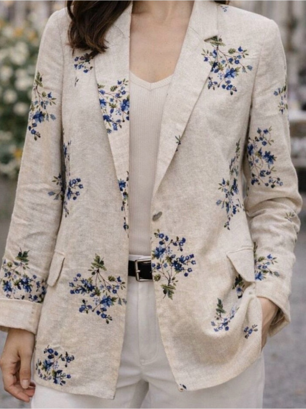 Joie Floral Open-Front Cream Linen Blend Blazer